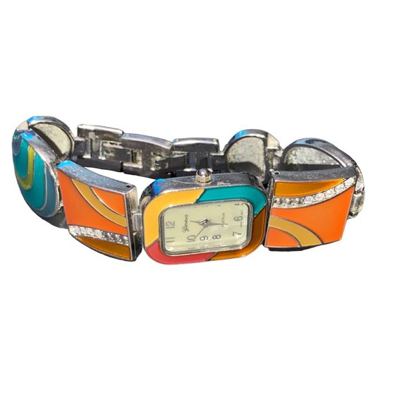 Geneva Womens Stainless Steel Back Watch With Colorful Enamel Face & Rhinestone - Picture 2 of 15